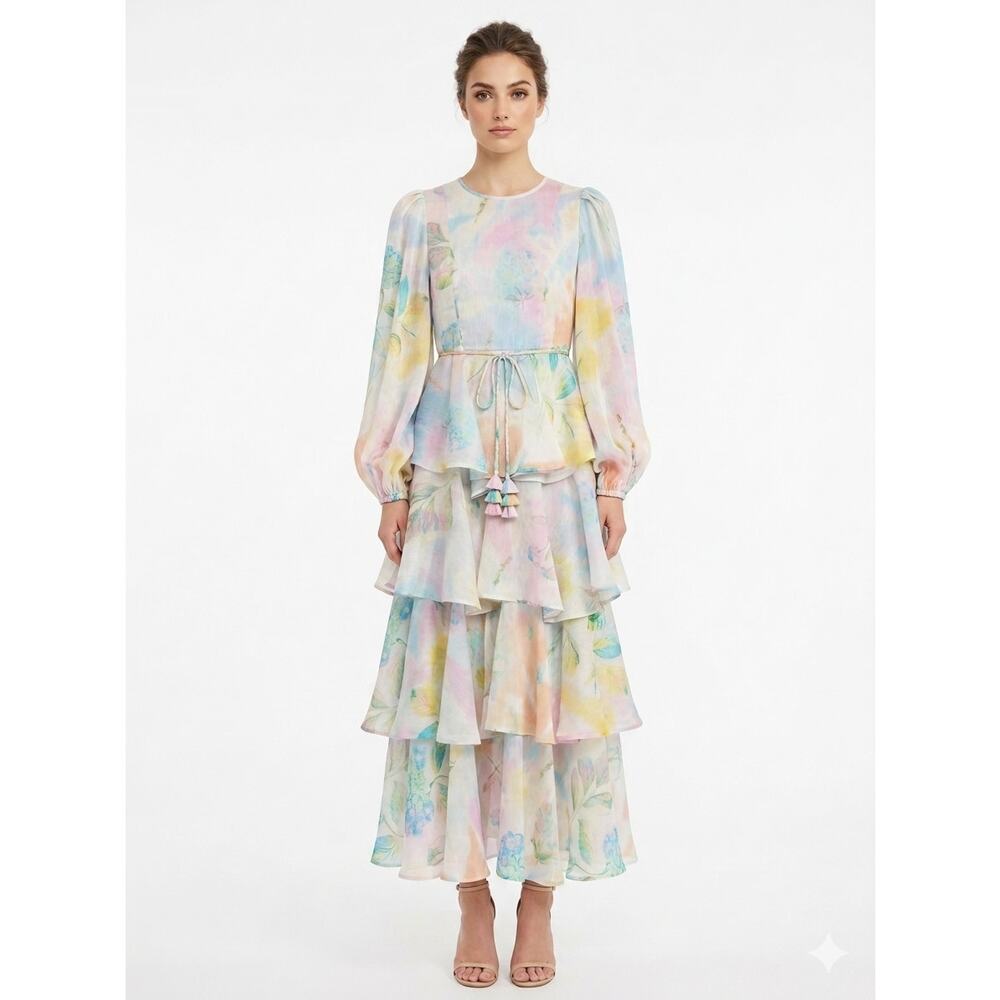 Women's Hunter Bell Tie Dye Tiered Midi Dress Tie Waist Size 4 Chelsea Boho